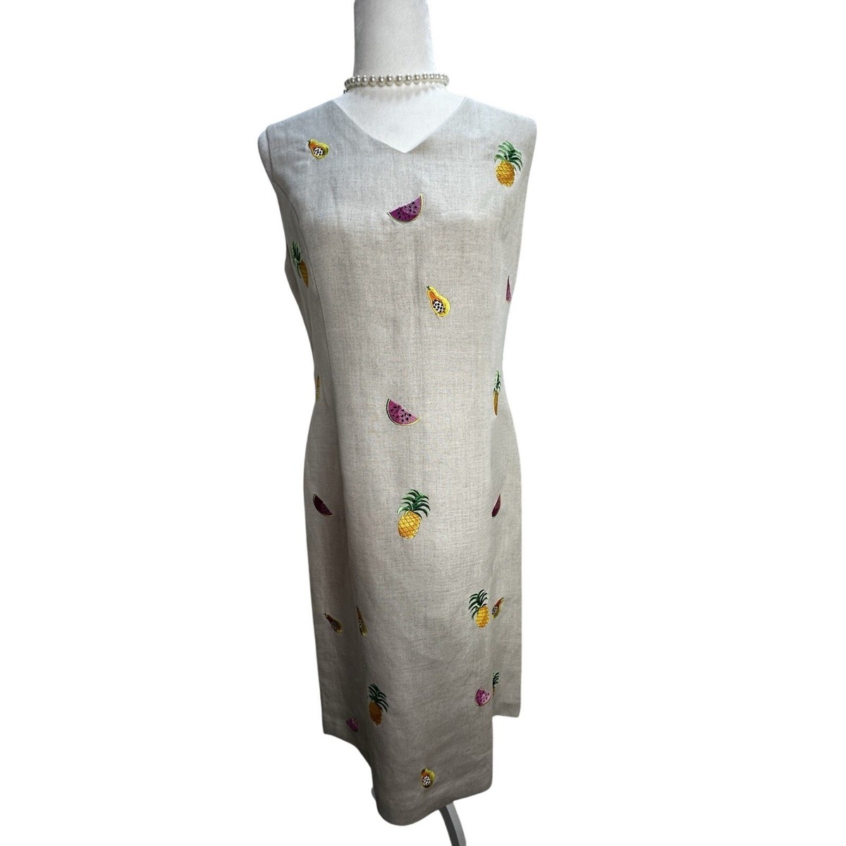 Annie Alexander Dress Sz 10 Beige Linen Blend Embroidered Sleeveless Midi Pencil Annie Alexander Dress Sz 10 Beige Linen Blend Embroidered Sleeveless Midi Pencil