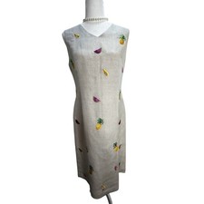 Annie Alexander Dress Sz 10 Beige Linen Blend Embroidered Sleeveless Midi Pencil