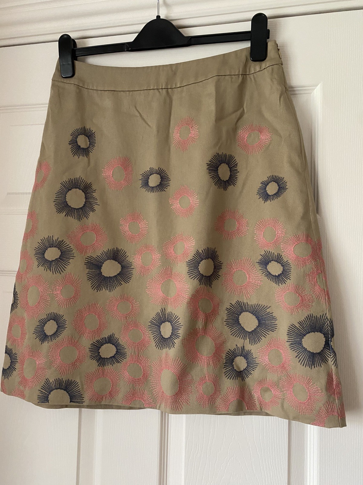 Falda Boden para mujer línea A UK 12R piedra algodón rosa gris estampado circular