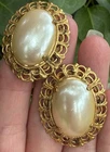 MIRIAM HASKELL Signed gold tone faux pearl clip earrings vintage jewelry