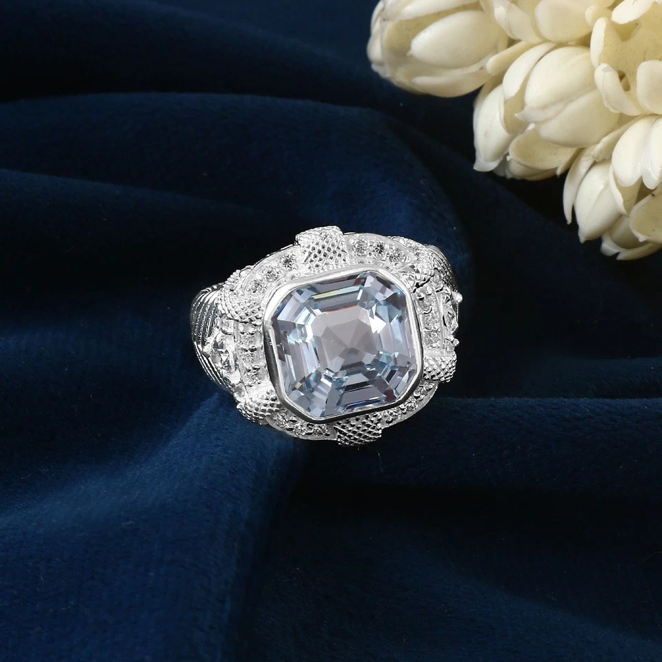 AAA Aquamarin Asscher Schliff Edelstein 11x11 MM, Sterling Silber Verlobungsring - Bild 1 von 4