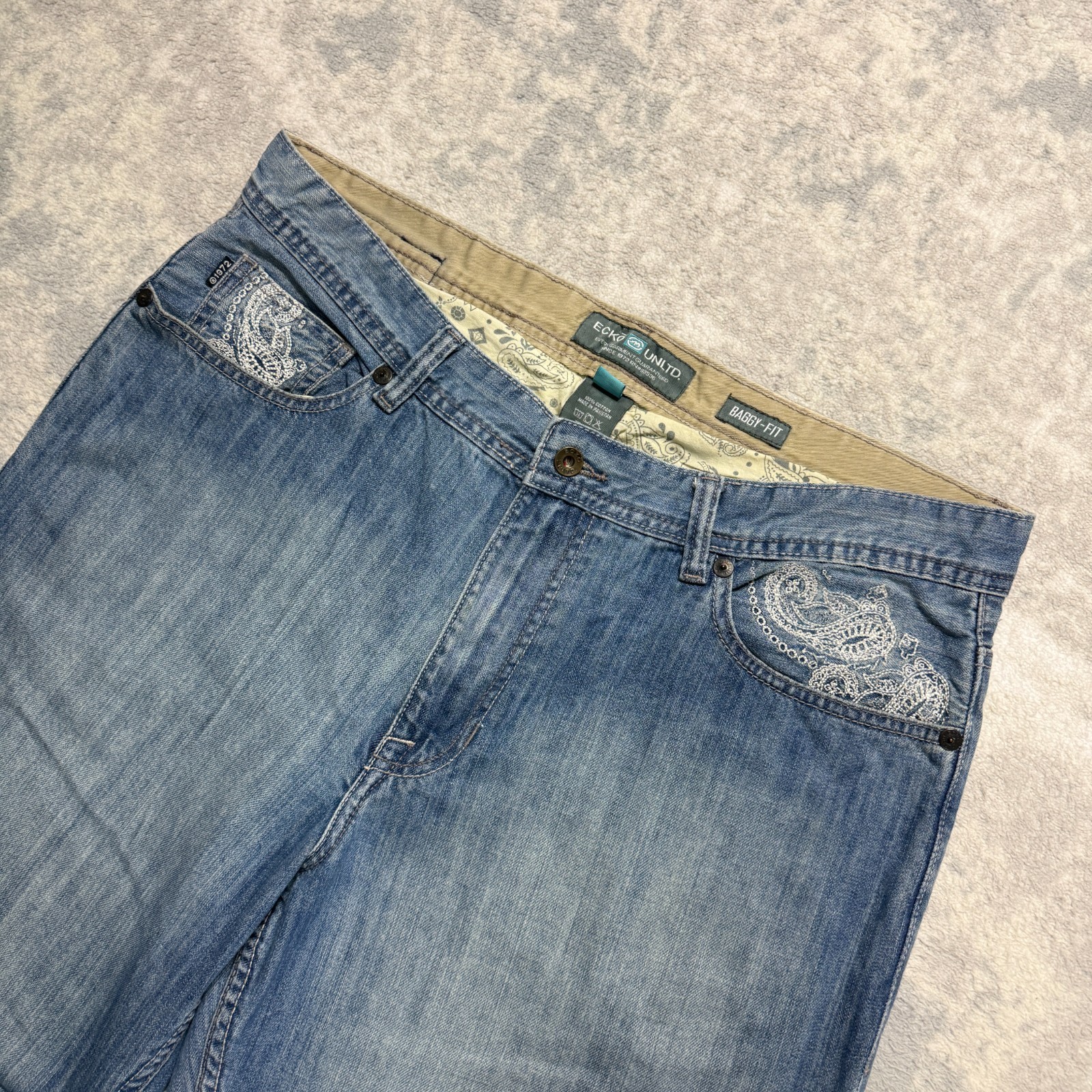VTG Ecko Unltd 2000's Y2K Blue Embroidery Dragon Paisley Denim Baggy Sz 38 Jeans image 5