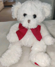 Russ Lovey 9" White Teddy Bear Bean Bag Plushie Red Heart on Foot Red Bow