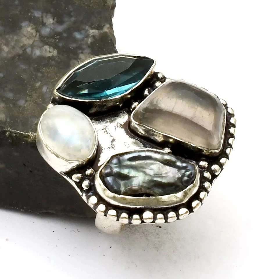 Biwa Perle Blautopas Edelstein Handarbeit Ring Schmuck Geschenk US-Größe - 9,25 AR 33432