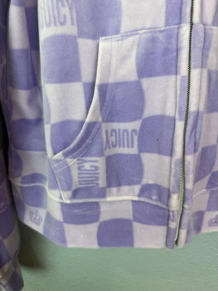 Juicy Couture Sudadera con Capucha Mujer Mediana Púrpura Corona a Cuadros Cremallera Completa Chaqueta de Terciopelo Foto 4 de 4