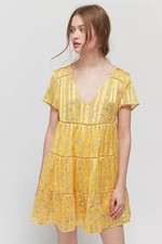 URBAN OUTFITTERS PICNIC TIERED FROCK MINI DRESS SHORT SLEEVES / YELLOW / MEDIUM