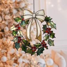 Christmas Holly Wreath Acrylic Suncatcher Festive Holiday Stained Glass Window