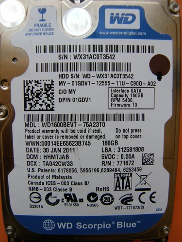 160GB Western Digital WD1600BEVT-75A23T0 / HHMTJAB / 2060-771672-004 REV A