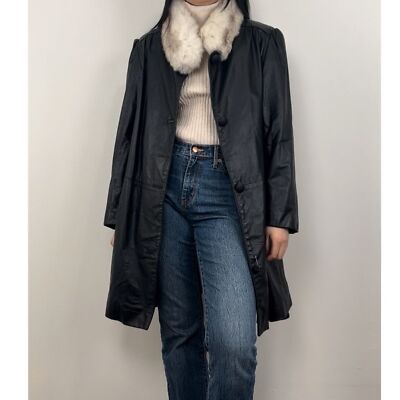 Vintage D Esprit Black Leather Coat with Fox Fur Collar