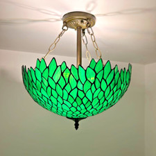 Tiffany Style Ceiling Lights Green Stained Glass Leaves LED Bulbs 16"H 16"W 16"D