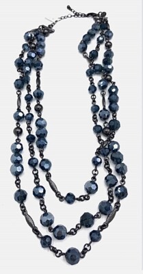 Lia Sophia  Midnight Sky  Dark Blue Beads Hematite Tone Triple Strand Necklace