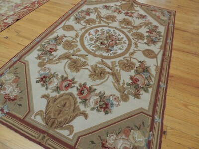 3x5 French Aubusson Needlepoint Area Rug Floral Beige Gold Blue Rust wool