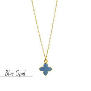 Authentic Natural Blue Opal Electroplated Flower Charm 18K Gold Plated Chain Necklace