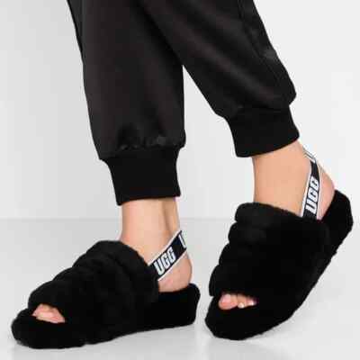 UGG Womens 6 Fluff Yeah Slide Black Slippers Sling Back Logo