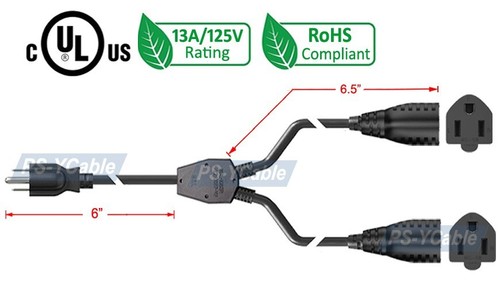 Premium Dual NEMA5-15 AC Outlet Power Cord Splitter Cord 14" Long - Picture 5 of 5