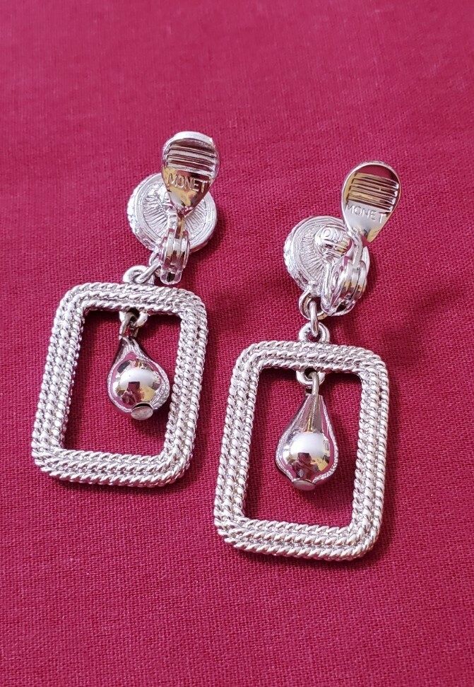 Monet Silvertone Rectangle Dangle Clip Earrings - image 2