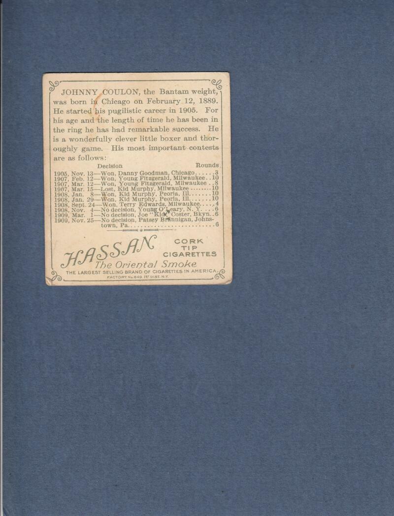 1910 Champions Hassans T218 #99 Johnny Coulon VG+ Lot # 14075