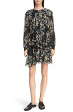 ISABEL MARANT Etoile Black Floral Print Ruffle Chiffon Cocktail Dress 34 2 XS