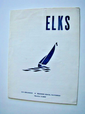 Vintage Elks Restaurant Menu 315 Esplanade Redondo Beach CA 1957