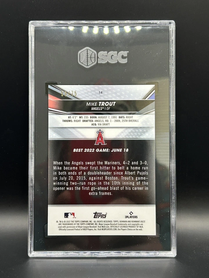 2022 Bowman's Best Gold Lava Refractor #14 Mike Trout Angels 53/75 SGC 10 Gem - Image 2 of 2