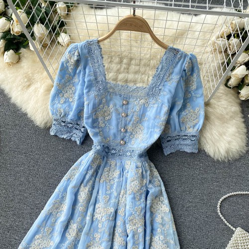 Retro Lady Square Neck Midi Tea Dress Lace Embroidery A-line Zip Dress Summer - Picture 5 of 20