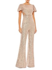 Mac Duggal Blush Pink Sequined Puff Sleeve Illusion Cutout Jumpsuit Size 2 $398