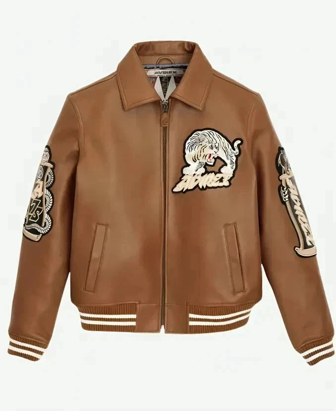 Avirex Speed Tiger A-2 Men's Brown Leather Bomber Jacket Tiger Embroidered Patch - second product detail image
