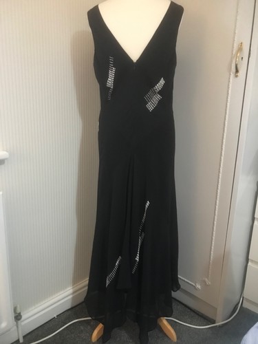 silk bias cut dress UK 14 Black Beaded Strappy Double fishtail 90s Y2K Stunning - Picture 6 of 16