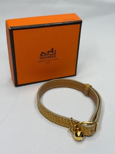 Hermes Lizard Leather Beige Cat Collar 17-23cm W/Box R5