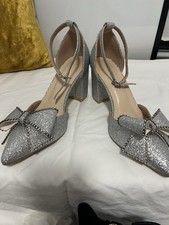 Silver Glitter Rhinestone Bow Ankle Strap Block Heel Pumps Pointed Toe Women