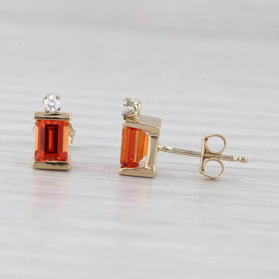 Lab Created Orange Sapphire Diamond Stud Earrings 14k Yellow Gold Studs - Image 2 of 4