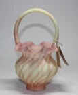 VINTAGE FENTON BURMESE MELON SPIRAL OPTIC BASKET - URANIUM - GLOWS