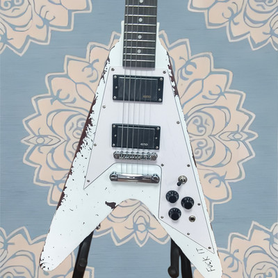 US Ship White Flying V Electric Guitar Distressed Finish & HH Pickups Maple neck