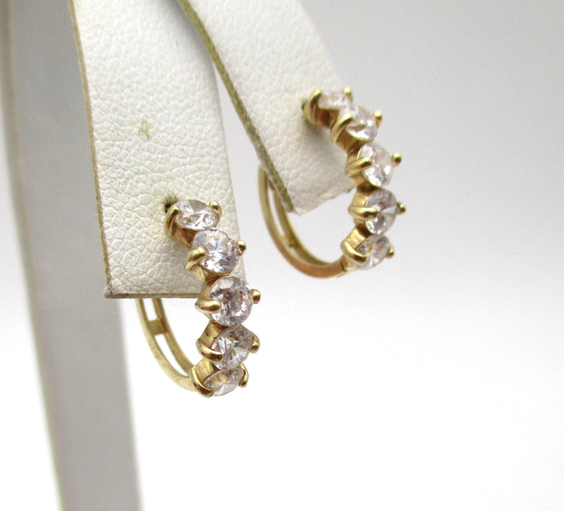 10K Yellow Gold Clear Stone Huggies Hoop Earrings 2.2 Gr [E380]