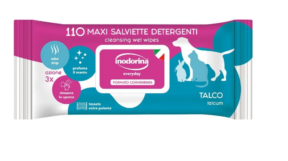 INODORINA Salviette detergenti per Cane/Gatto Talco. 3 Buste da 110 Pz Cad.