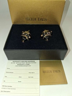 Heidi Daus Signed Seashell Clip Earrings Black Enamel Pink Crystal NIB