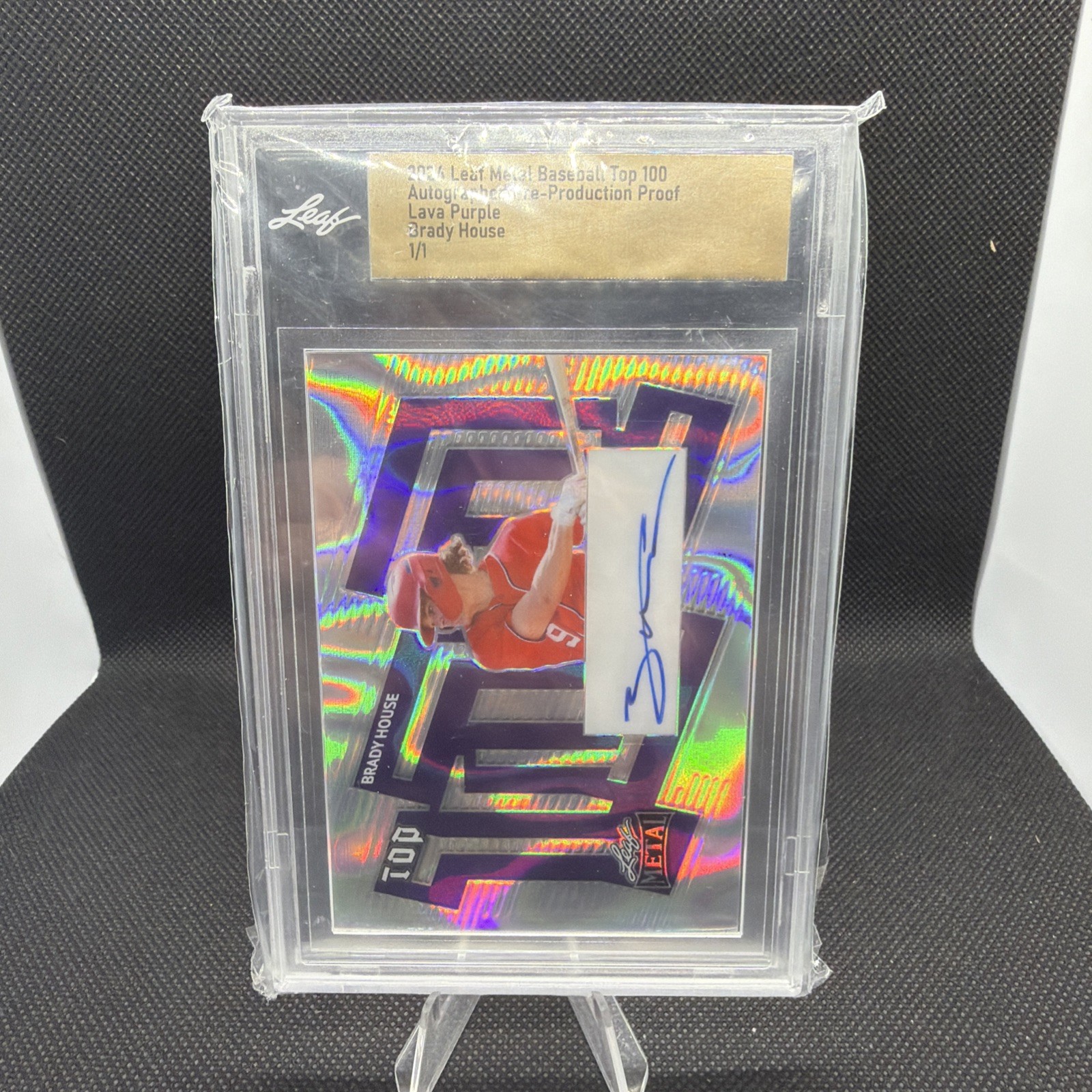Brady House Leaf Baseball 1/1 Auto Pre Production Proof Lava Purple Encased 2024 view 2