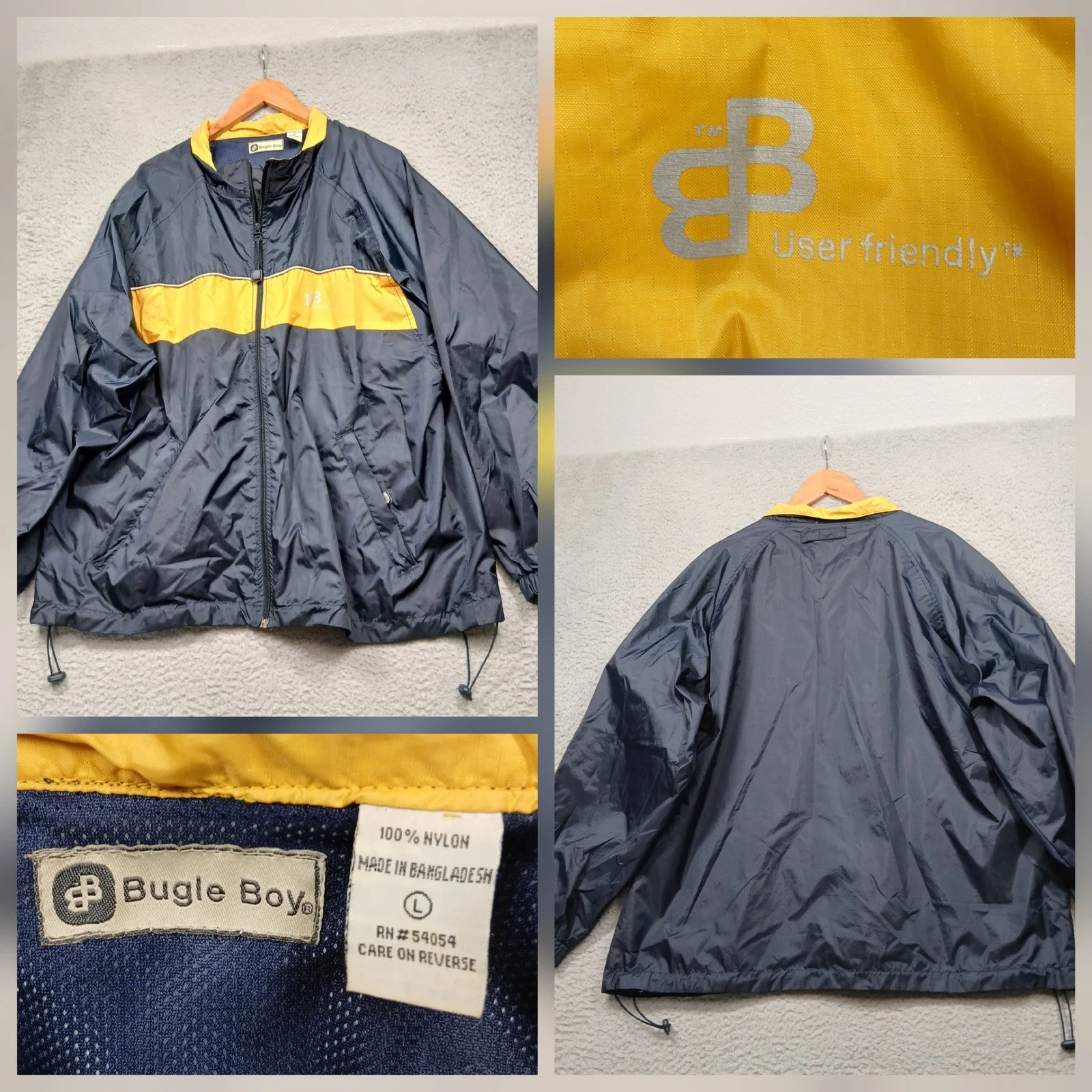 Bugle Boy User Friendly Navy Yellow Windbreaker Jacket Men's L Nylon 90s Style