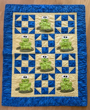 Baby Quilt Frank the Frog Applique Shoofly Blocks Blue Yellow Green Used 43"x35"