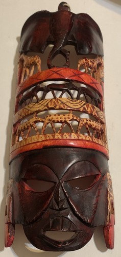African Hand Carved Wooden Mask w/ Giraffes Tribal Wall Art Decor 12”
