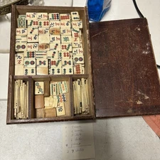 Antique Mahjong Set Dovetail Bone Bamboo Tiles Betting Stick Dice Chinese w Box