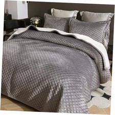 Queen Size Velvet Quilt Set, Ultra Soft 3 Pieces FULL/QUEEN 90"x96" Grey