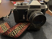 Chinon CS 35mm Black Film Camera with Lens, Case, and Patterned Strap