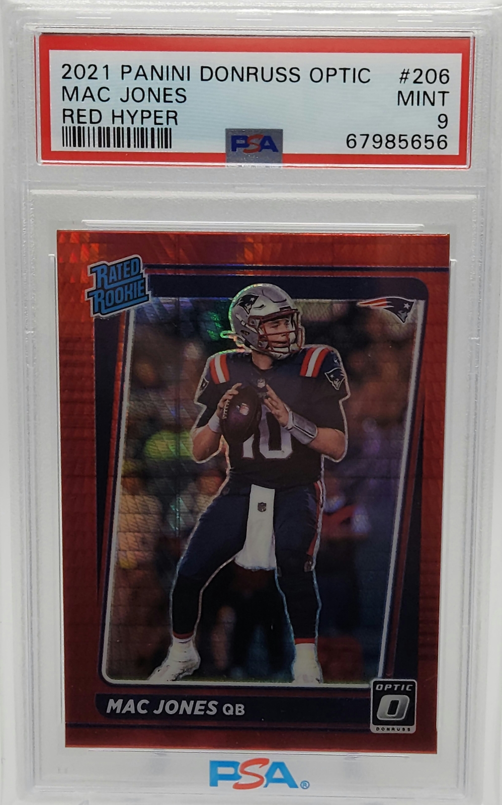Mac Jones Patriots 2021 Donruss Optic Red Hyper Prizm Rookie Card #206 PSA 9