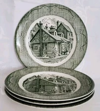4 Royal China 10" Dinner Plates Dishes The Old Curiosity Shop Green Transferware