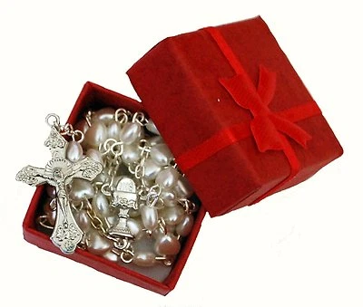 AMELIA MAE Beautiful White Heart Rosary Beads In Red Gift Box - Perfect First Xmas Baptism