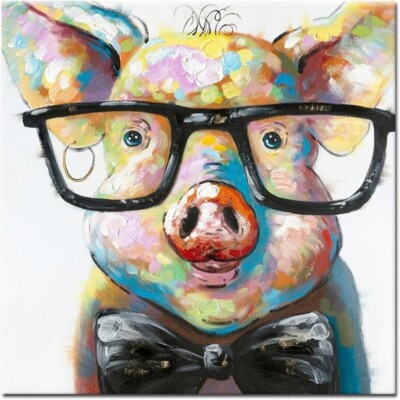 Fokenzary handgemalt süßes Schwein mit Gläsern Pop Wandbild Leinwandbild 40x40