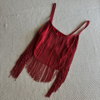 Shelly Fringe Crop Top Square Neck Spaghetti Strap Red Festival