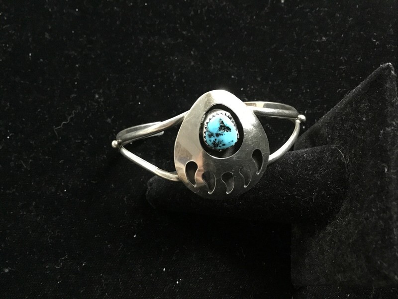 VTG Native American Sterling Silver Blue Turquoise Bear Paw Cuff Bracelet 12 gms