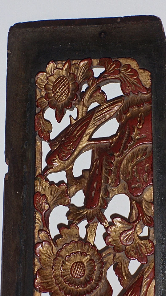 Antique Chinese Temple Panel Gilt over Red Carved Panel with Birds and Flowers - Image 2 of 4
